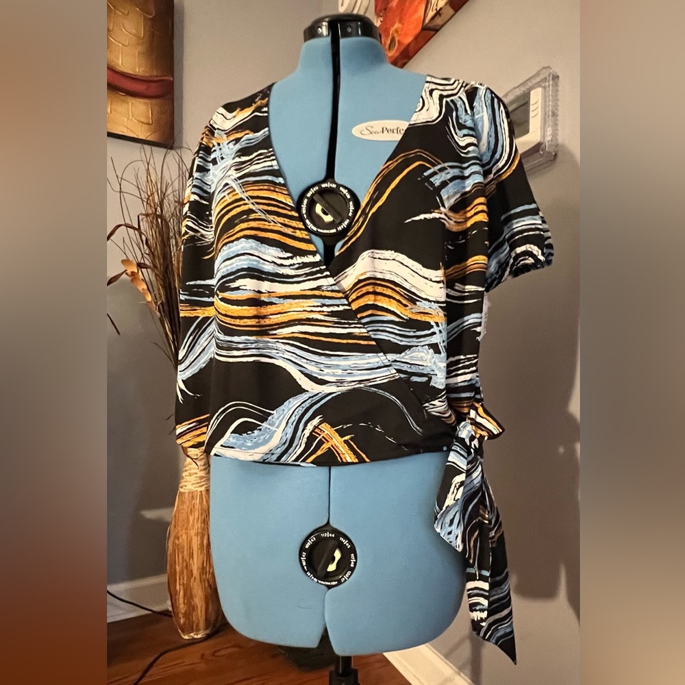 Nine West Puff Sleeve Top Silky Print Shirt Size Large